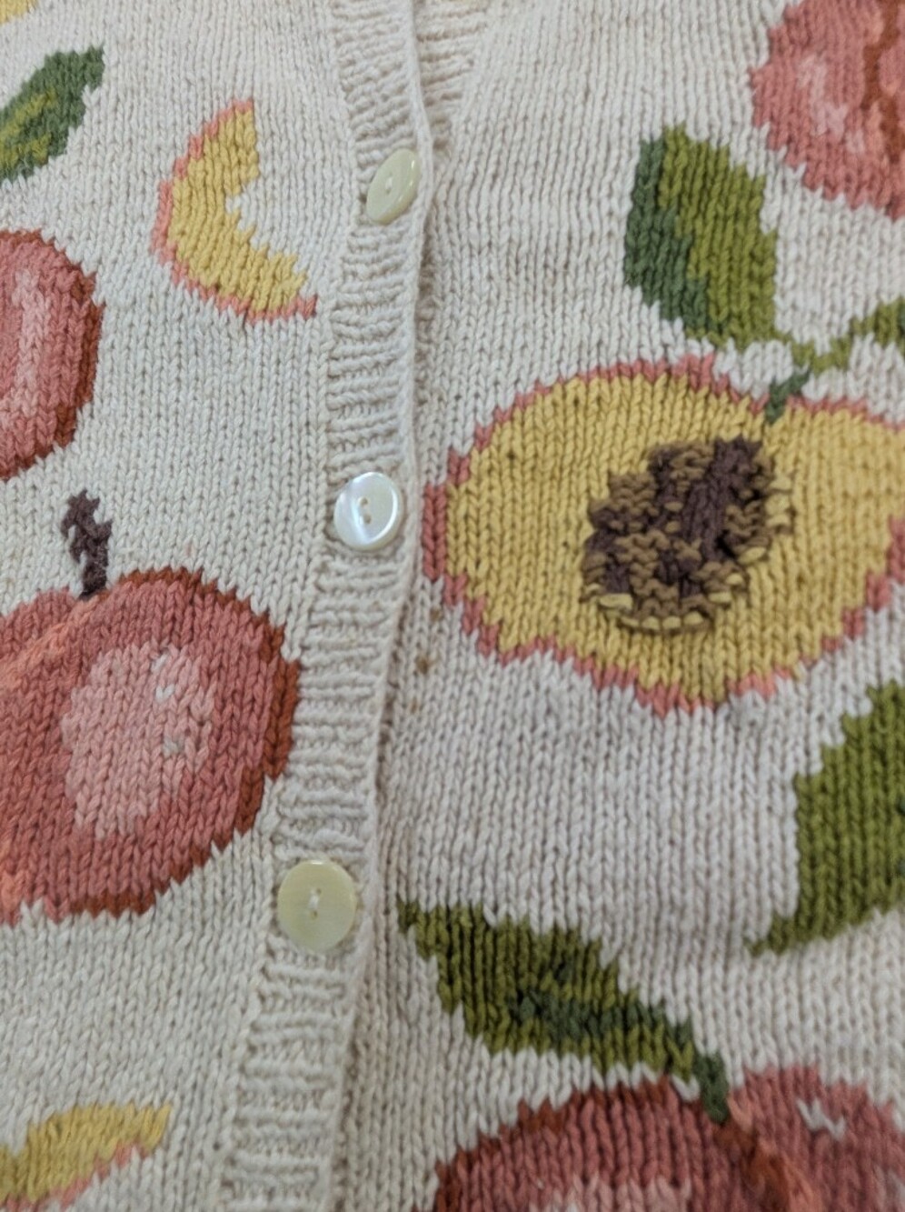 Vintage Fruit Peaches Knit Cardigan Linen Talbots Jacquard Cotton Rare Unique XL - Picture 12 of 12